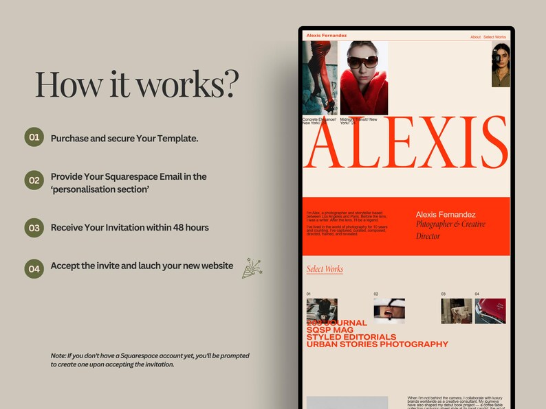 May include: A website design displayed on a tablet, featuring the name "ALEXIS" in large orange letters. The design includes images, text, and a section titled "How it works?" with numbered steps. The website is for Alexis Fernandez, a photographer and creative director.