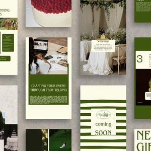 May include: A set of green and white striped cards with the text "coming soon" and "need a gift?"  The cards are part of a larger set of cards that feature images of wedding planning services and a cake with raspberries.