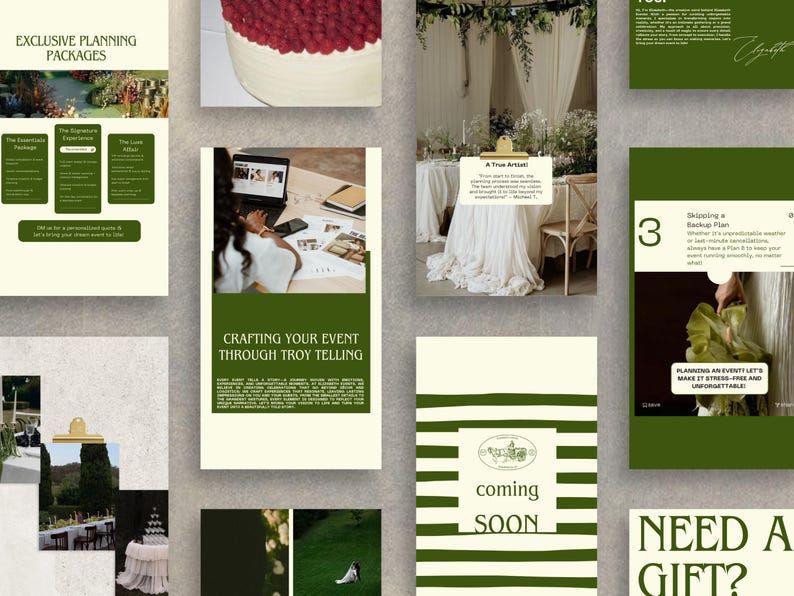 May include: A set of green and white striped cards with the text "coming soon" and "need a gift?"  The cards are part of a larger set of cards that feature images of wedding planning services and a cake with raspberries.