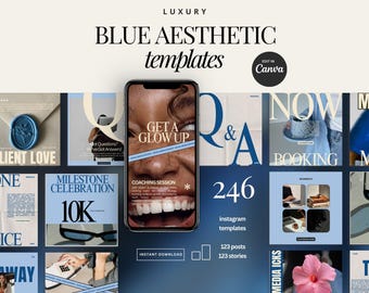 May include: A collection of 246 Instagram templates in a blue aesthetic. The templates feature text overlays, images, and graphics. The text includes phrases like "Get a Glow Up", "Milestone Celebration", "Client Love", and "Now Booking".