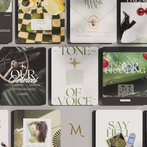 May include: A collage of images featuring various branding and design elements. The images include a car, a green plant, a thank you card, a star, and the text "Tone of Voice" and "Brand Branding".