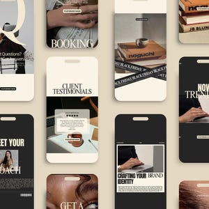 Puede incluir: Una colecci&oacute;n de plantillas de marketing digital con una paleta de colores neutros. Las plantillas presentan texto como "Booking", "Client Testimonials" y "Now Trending". Algunas plantillas incluyen im&aacute;genes de libros, una persona usando una laptop y una mujer.