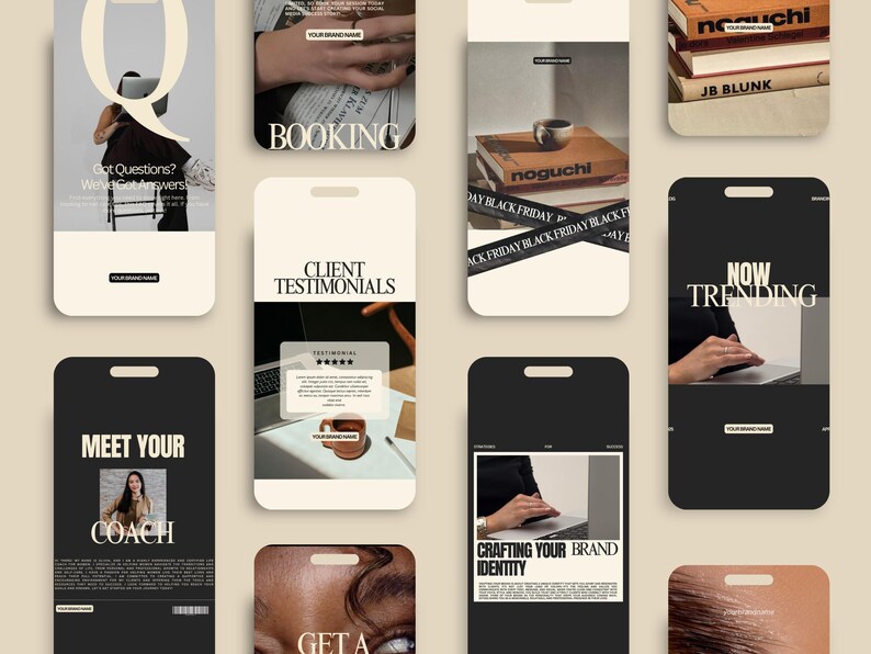 Puede incluir: Una colecci&oacute;n de plantillas de marketing digital con una paleta de colores neutros. Las plantillas presentan texto como "Booking", "Client Testimonials" y "Now Trending". Algunas plantillas incluyen im&aacute;genes de libros, una persona usando una laptop y una mujer.
