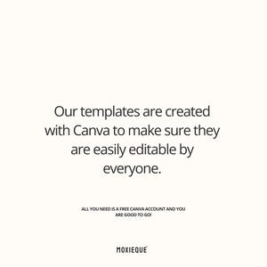 Puede incluir: Fondo blanco con texto negro. El texto dice: "Nuestras plantillas se crean con Canva para asegurar que sean f&aacute;cilmente editables por todos". Debajo, dice "&iexcl;TODO LO QUE NECESITAS ES UNA CUENTA CANVA GRATUITA Y EST&Aacute;S LISTO!" y "MOXIEQUE".