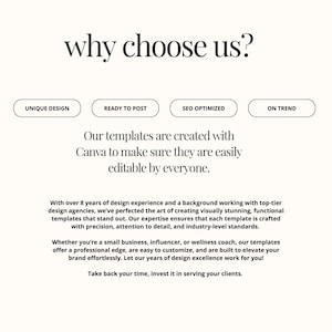 May include: Cream-colored graphic with the text "why choose us?" and four circular buttons labeled "UNIQUE DESIGN", "READY TO POST", "SEO OPTIMIZED", and "ON TREND". The text below describes templates created with Canva.