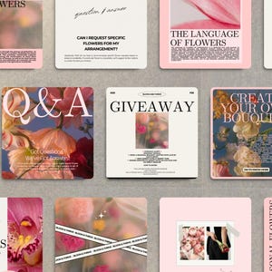 May include: A collection of square cards with floral designs and text. Cards include phrases like "In Flowers," "Q&A," "Giveaway," and "Create Your Own Bouquet." The color palette is soft, with pinks, whites, and blues.