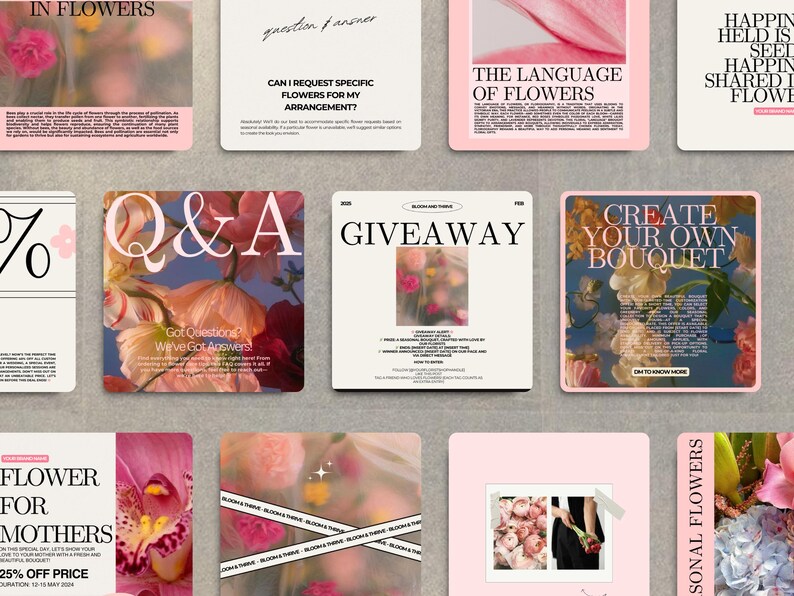 May include: A collection of square cards with floral designs and text. Cards include phrases like "In Flowers," "Q&A," "Giveaway," and "Create Your Own Bouquet." The color palette is soft, with pinks, whites, and blues.