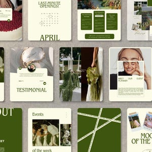 Op de afbeelding: Een collage van afbeeldingen die bruiloftplanningsdiensten promoten. De afbeeldingen omvatten een taart, een kalender, een bloemstuk, een bruid en een getuigenis. De tekst op de afbeeldingen omvat "Last-Minute Openings!" "April" "Testimonial" "Over mij" "Evenementen" "Maak kennis met onze planner" "Sfeer van de week" en "Ignor Budget".