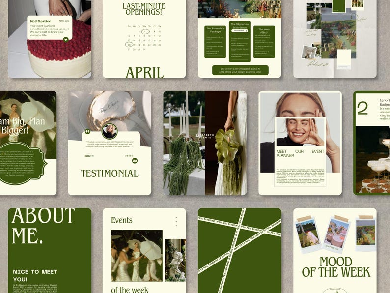 May include: A collage of images promoting wedding planning services. The images include a cake, a calendar, a floral arrangement, a bride, and a testimonial. The text on the images includes "Last-Minute Openings!" "April" "Testimonial" "About Me" "Events" "Meet Our Planner" "Mood of the Week" and "Ignor Budget".