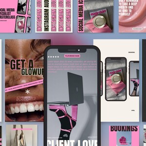 May include: A collage of images promoting social media services. The images feature a pink and black color scheme with text that says "Get a Glow Up", "Social Media Specialist Masterclass", "Instagram Audit", "Social Media Icon", "Studio Shoot Services", "Bookings", and "Client Love".