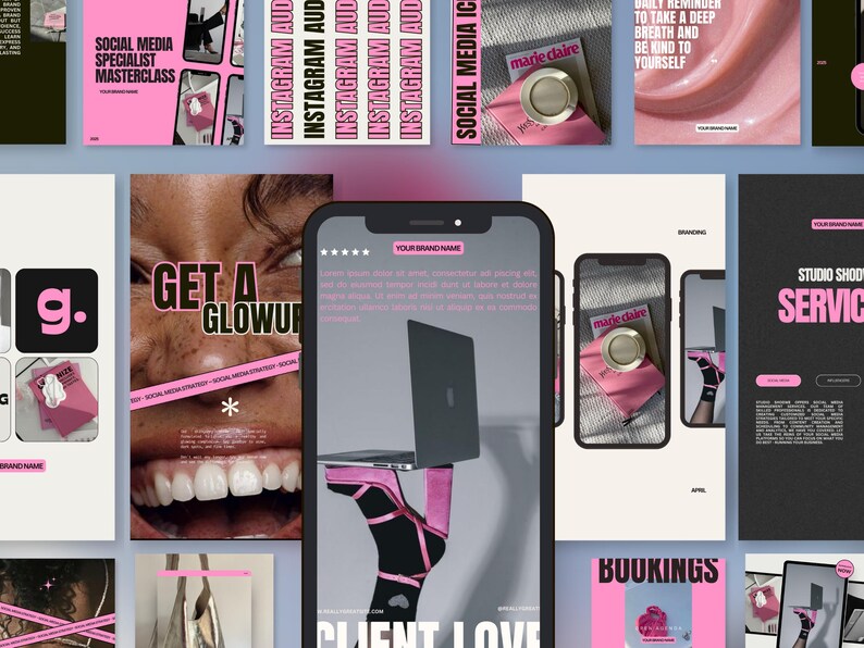 May include: A collage of images promoting social media services. The images feature a pink and black color scheme with text that says "Get a Glow Up", "Social Media Specialist Masterclass", "Instagram Audit", "Social Media Icon", "Studio Shoot Services", "Bookings", and "Client Love".
