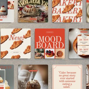 Pu&ograve; includere: Una collezione di grafiche quadrate a tema panetteria. Le immagini includono pasticcini, torte e testo come "Nuovi servizi", "Vacanze", "Mood Board" e "Offerte Black Friday". La tavolozza dei colori &egrave; principalmente rossa, bianca e beige.