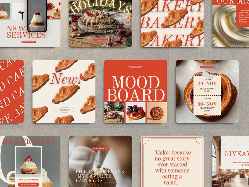 Pu&ograve; includere: Una collezione di grafiche quadrate a tema panetteria. Le immagini includono pasticcini, torte e testo come "Nuovi servizi", "Vacanze", "Mood Board" e "Offerte Black Friday". La tavolozza dei colori &egrave; principalmente rossa, bianca e beige.