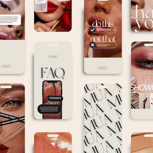 Peut inclure: Une collection de graphiques de médias sociaux pour une marque de beauté. Les graphiques présentent des images de maquillage, de soins de la peau et des superpositions de texte. Certains des textes incluent "Résultats clients", "FAQ", "Vitrine", "MUA" et "Merci !"