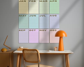 Undated Printable Calendar, Large Monthly Wall Planner, Rainbow Monthly Planner, Monthly Calendar, A4 Year at a Glance Aesthetic, Wall deco