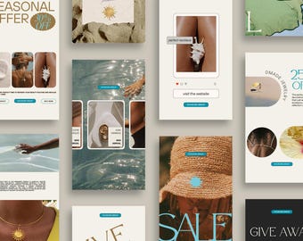 May include: A collection of social media posts promoting handmade jewelry. The posts feature images of jewelry, a beach scene, and text that says "Seasonal Offer 30% Off", "Visit the website", "25% Off", "Handmade Jewelry", "Sale", and "Give Away".