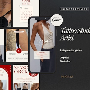 Tattoo Studio Social Media Templates, Tattoo Parlour Posts, Tattoo Artist Instagram Canva Posts, Insta Post Inhalte für Tattoos
