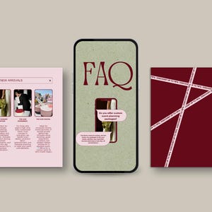 May include: Image showing a pink brochure with "New Arrivals", a phone with "FAQ", and a maroon square with white ribbons. The brochure advertises event planning. The phone screen asks, "Do you offer custom event planning packages?"
