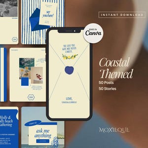 Puede incluir: Colección de plantillas de marketing digital con temática costera. El diseño presenta un teléfono inteligente que muestra un gráfico con el texto "El amor que diste nunca fue un desperdicio". Otros elementos incluyen fondos a rayas azules y blancas.