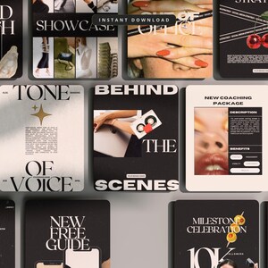 May include: A selection of black and white digital marketing templates. The templates feature text such as "BRAND COACH", "SHOWCASE", "TONE OF VOICE", "BEHIND THE SCENES", and "NEW COACHING PACKAGE".