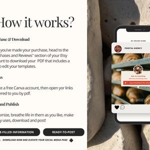 Pu&ograve; includere: Immagine che mostra i passaggi per utilizzare un prodotto digitale. Il testo recita "Come funziona?" con i passaggi per Acquisto e download, Accesso e Modifica e pubblicazione. Uno smartphone mostra un post sui social media con il testo "Chiedici qualsiasi cosa".