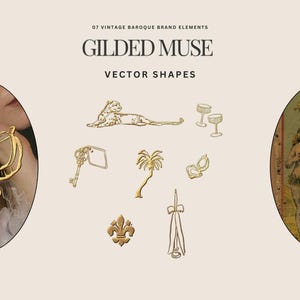 May include: A set of seven gold-colored vector shapes, including a stylized panther, palm tree, key, goblet, and a fleur-de-lis. The text "Gilded Muse" and "Vector Shapes" is displayed above the shapes.