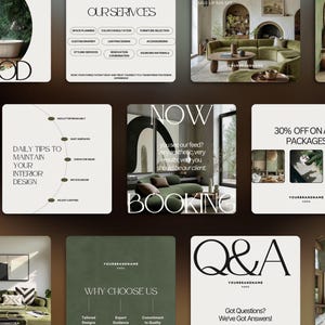 May include: A collection of interior design promotional graphics. The images feature text such as "Mood", "Our Services", "Daily Tips to Maintain Your Interior Design", and "Now Booking". The color palette includes shades of green, white, and black.