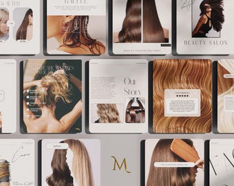 May include: A collection of square cards with beauty salon themes. The cards feature images of hair, before and after shots, and text such as "Beauty Salon" and "Haircare Mistakes You Might Be Making". The cards are arranged on a light gray surface.