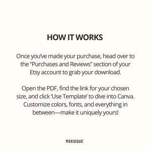 May include: Text explaining how to access and use a digital download for a printable template. The text says "HOW IT WORKS" in large letters at the top and includes instructions on how to find the download in your Etsy account and how to use the template in Canva.