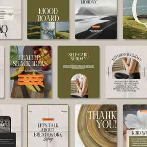 May include: A collection of nine social media post templates with a wellness theme. The templates feature a variety of colors and designs, including green, brown, and white. The text on the templates includes phrases like "Mood Board", "Self-Care Sunday", "Wellness Journals", and "Kind Words".