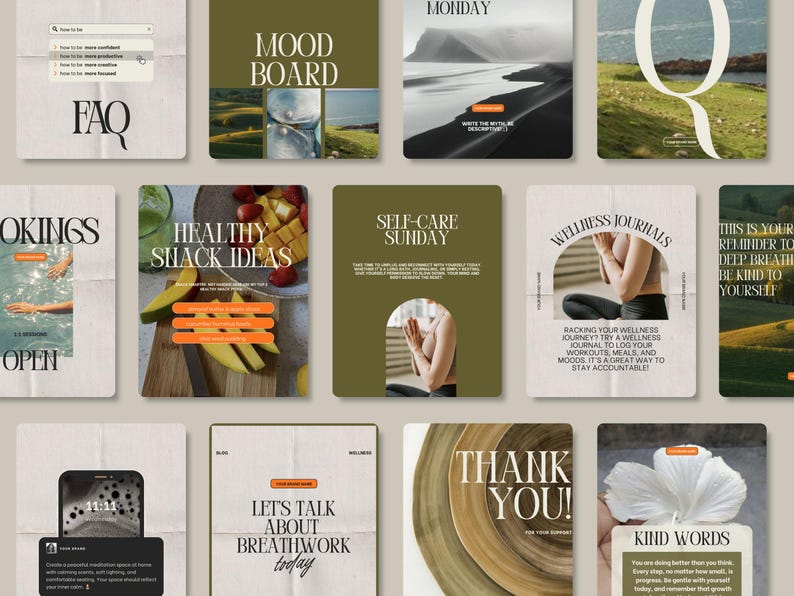 May include: A collection of nine social media post templates with a wellness theme. The templates feature a variety of colors and designs, including green, brown, and white. The text on the templates includes phrases like "Mood Board", "Self-Care Sunday", "Wellness Journals", and "Kind Words".