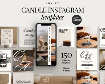 Op de afbeelding: Een verzameling van 150 Instagram-sjablonen voor kaarsenbedrijven. De sjablonen bevatten een verscheidenheid aan ontwerpen, waaronder tekstoverlays, afbeeldingen van kaarsen en herfstthema-graphics. De sjablonen zijn ontworpen om te worden gebruikt met Canva.