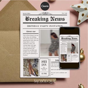 Invitation à une fête d'anniversaire dans un style rétro, modèle numérique d'invitation dans un journal, carte d'anniversaire modifiable, dîner des années 70 noir et beige