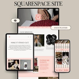 Può includere: Un design di sito web Squarespace visualizzato su tablet, telefono e computer. Il sito web presenta uno schema di colori rosa e bianco con il testo "MAKE IT STAND OUT" e "EVERMORE EVENTS".