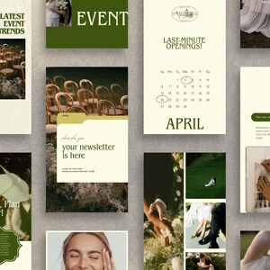 May include: A collage of images promoting an event planning business. The images include a calendar, a floral arrangement, a couple, and text that says "The Latest Event Trends", "Dream Big, Plan Bigger!" and "Event".
