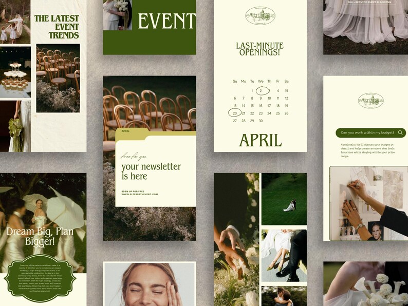 May include: A collage of images promoting an event planning business. The images include a calendar, a floral arrangement, a couple, and text that says "The Latest Event Trends", "Dream Big, Plan Bigger!" and "Event".
