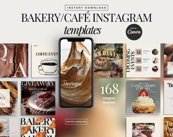 Può includere: Una collezione di 168 modelli Instagram per panetterie e caffetterie. I modelli presentano una varietà di design, tra cui immagini di pasticcini, caffè e altri prodotti da forno. I modelli sono progettati per essere utilizzati sui social media per promuovere la tua attività e interagire con i clienti.