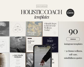 Wellness Coach Instagram Templates, Holistic Health Canva Designs, Mindset & Wellness Social Media Templates, Editable Template pack