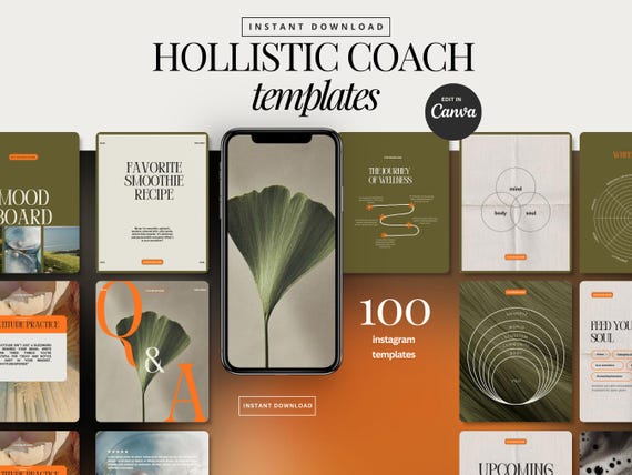 Wellness Coach Instagram Templates: Holistic Health, Mindset coach green and orange  (Editable Canva)