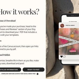 May include: An informational graphic with the text "How it works?" and instructions for purchasing and downloading templates. A smartphone displays a social media post with floral imagery and the text "BLOOM & THRIVE".
