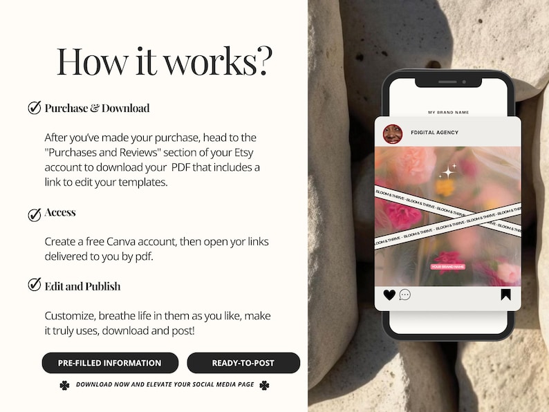 May include: An informational graphic with the text "How it works?" and instructions for purchasing and downloading templates. A smartphone displays a social media post with floral imagery and the text "BLOOM & THRIVE".