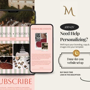 May include: A digital display featuring a wedding planning website with the text "Follow Us" and "Subscribe". The display also shows the text "Need Help Personalizing?" and "Done-for-you website set up".