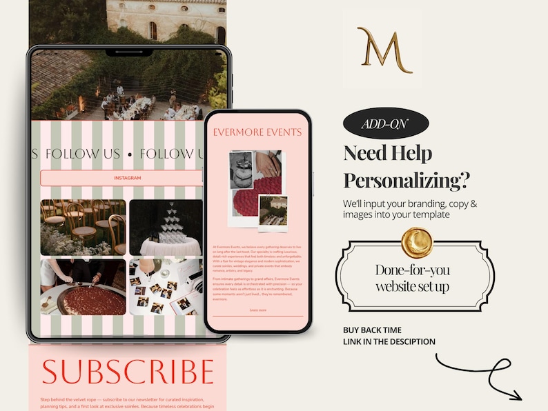 May include: A digital display featuring a wedding planning website with the text "Follow Us" and "Subscribe". The display also shows the text "Need Help Personalizing?" and "Done-for-you website set up".