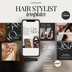 Hairstylist Social Media Template black, Editable Canva Dark Instagram Bundle, IG SMM Marketing Strategy, Dark Luxury Hairstylist Insta post