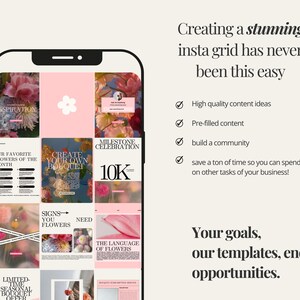 May include: A smartphone displays a grid of Instagram post templates with floral themes. The templates feature text like "Inspiration," "Our Favorite Flowers of the Month," and "Create Your Own Bouquet." The image also includes text: "Creating a stunning insta grid has never been this easy."
