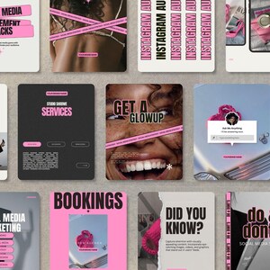 May include: A collection of social media marketing tips and strategies for businesses. The tips include "What makes us different", "Social Media Engagement Hacks", "Social Media Marketing", "Bookings", "Get a Glow Up", "Did You Know?", "Do & Don't's: Social Media Strategies", and "Studio Shoove Services".