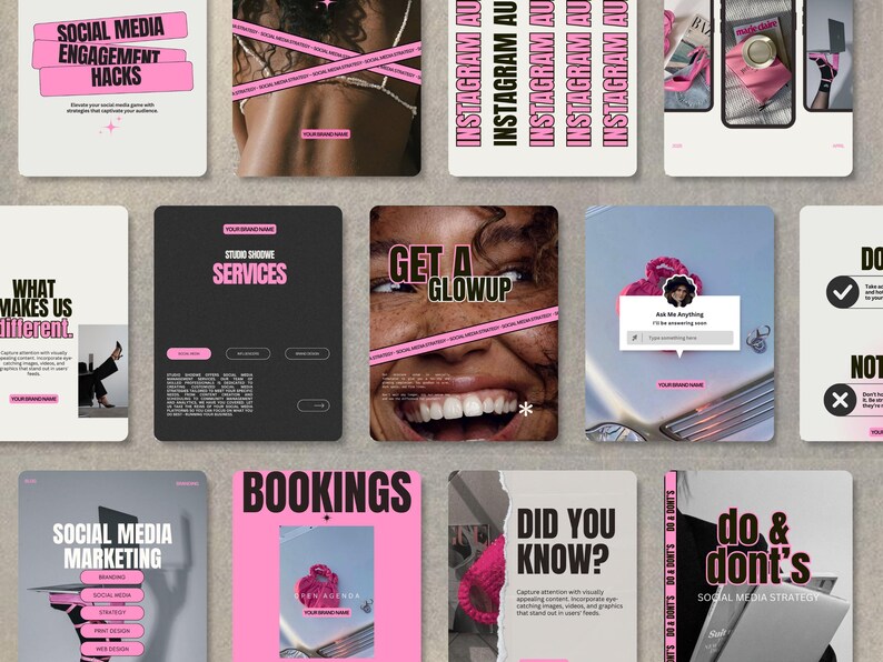 May include: A collection of social media marketing tips and strategies for businesses. The tips include "What makes us different", "Social Media Engagement Hacks", "Social Media Marketing", "Bookings", "Get a Glow Up", "Did You Know?", "Do & Don't's: Social Media Strategies", and "Studio Shoove Services".