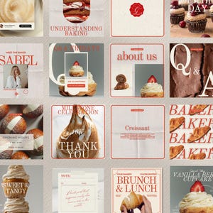 Pu&ograve; includere: Una raccolta di post sui social media a tema panetteria con una combinazione di colori beige chiaro e rosso. I post presentano immagini di prodotti da forno come cupcake, croissant e pasticcini, insieme a testo come "Brunch & Lunch".