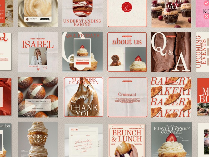 Pu&ograve; includere: Una raccolta di post sui social media a tema panetteria con una combinazione di colori beige chiaro e rosso. I post presentano immagini di prodotti da forno come cupcake, croissant e pasticcini, insieme a testo come "Brunch & Lunch".