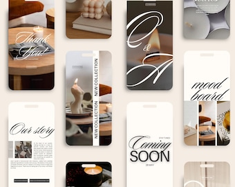 Op de afbeelding: Een verzameling Instagram-story graphics met kaarsen en de tekst "Nieuwe collectie", "Moodboard", "Ons verhaal", "Bedankt", "Komt eraan" en "&".
